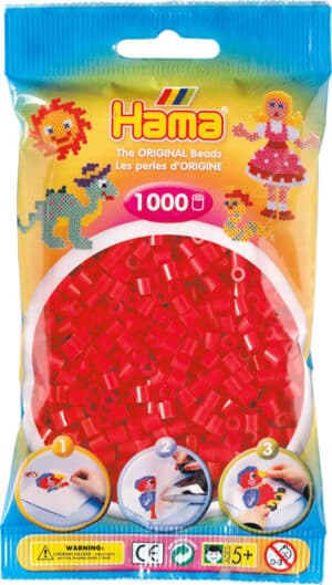 Hama Midi Perler 1000 stk rød i emballage, egnet til kreative projekter.