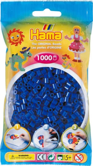 Hama Midi Perler 1000 stk i blå, pakke fremvist med eksempler på perlekreationer.