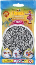 Hama Midi Perler 1000 stk i grå, emballage viser perler og eksempel på brug.