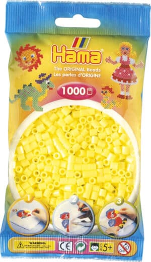 Hama Midi Perler 1.000 stk i farven Pastel gul, pakke design med eksempler på perleprojekter.