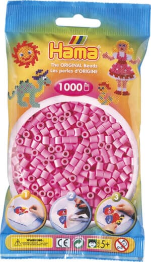 Hama Midi Perler 1000 stk i pastel pink, pakke forside med eksempler på perleprojekter.