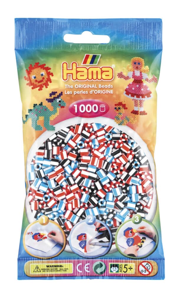 Hama Midi perlepose med 1000 stribede perler i blandede farver.