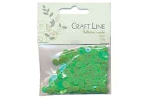 Emballage med Craft Line grønne runde pailletter 6mm, 10g til kreativt brug.
