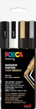 Posca PC-3M tusser i guld, sølv, hvid og sort, pakke med 4 stk.