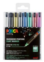 Posca PC-1MR sæt med 8 metalliske farvede tuscher i emballage.