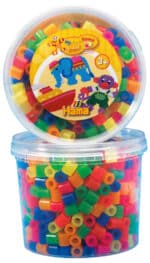 Hama Maxi Perler 600 stk Neon Mix i en klar plastbeholder.