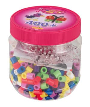 Hama Maxi Perlesæt i klar beholder med 400 farverige perler og 2 perleplader.
