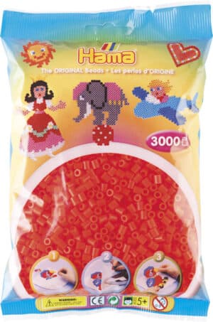 Pose af Hama Perler i neon rød, 3000 stk Midi, med eksempler på figurer.