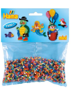 Hama Mini Perler pakke med 7.500 mix farvede perler og eksempler på perlemønstre.
