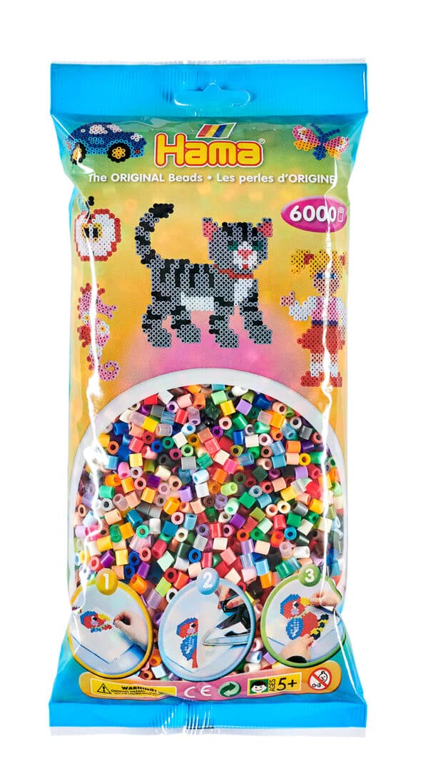 Hama Midi Perler pakke med 6000 stk farvede plastperler for kreativ leg og håndarbejde.