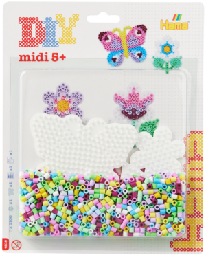 Hama Midi Perlesæt med sommerfugl og blomst, 1.100 perler og 2 perleplader.