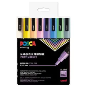 Posca Tusser Sæt Pastel Farver PC-3M, 8 pastelfarvede markere i emballage.