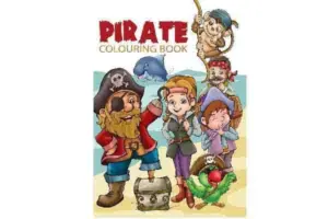 Forside af Malebog A4 Pirate med tegninger af glade pirater og skatte.