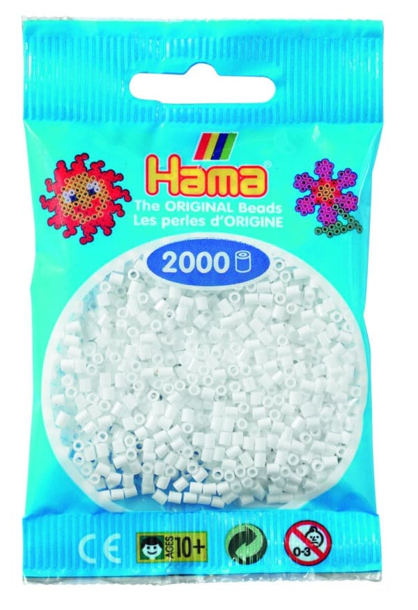 Hama Mini Perler, 2.000 stk hvid, pakket i blå pose.