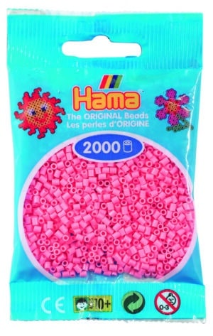 Hama Mini Perler, 2.000 stk pink, pakket i en blå pose.