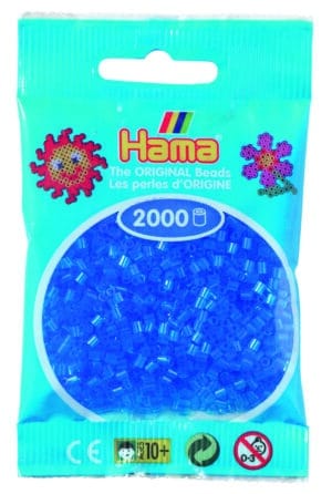 Hama Mini Perler i transparent blå, 2.000 stk., emballagebillede.