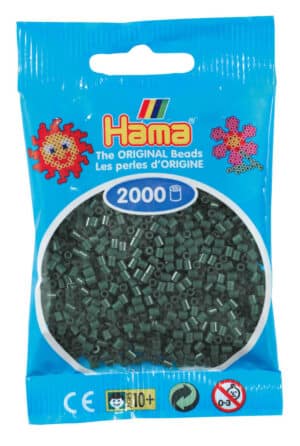 Hama Mini Perler 2.000 stk, mørkegrøn, i en blå plastikpose.