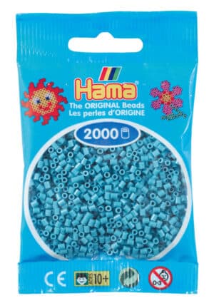 Hama Mini Perler, 2.000 styk, turkis i en klar plastpose med mærkater.