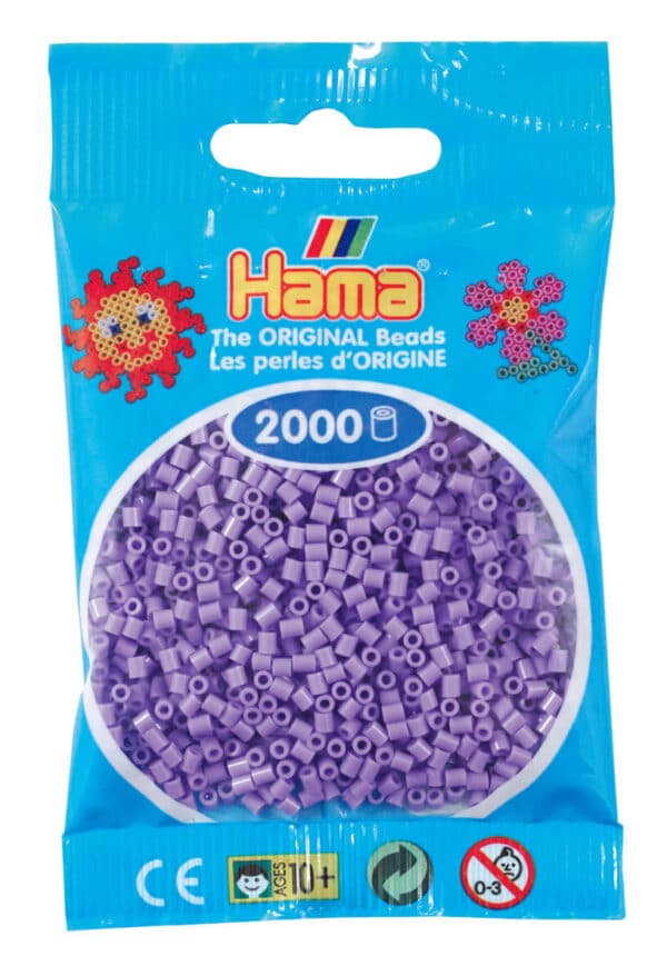 Hama Mini Perler, 2.000 stk pastel lilla, i en blå pakke.