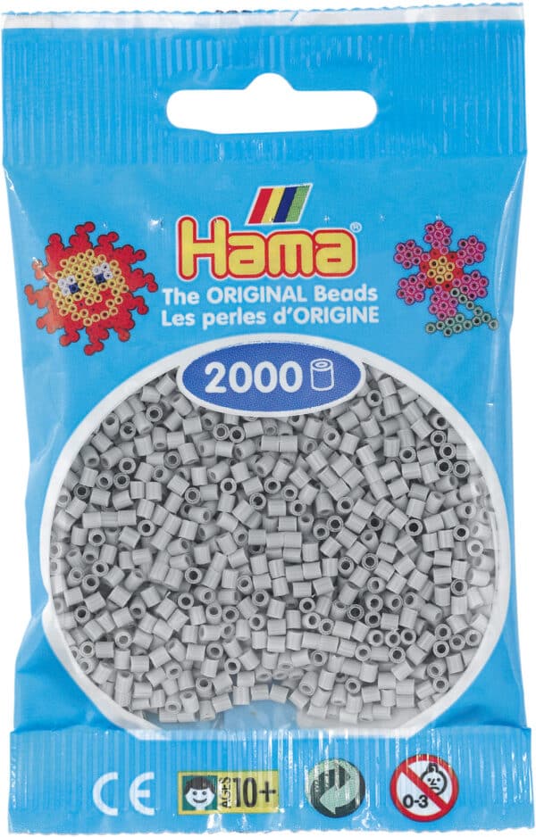 Hama Mini Perler, 2.000 stk, lysegrå farve i pose.