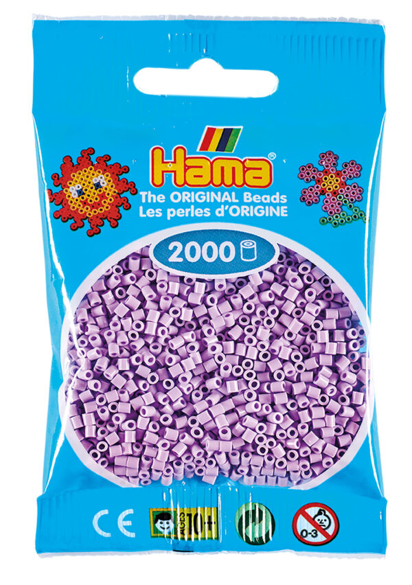 Hama Mini Perler, 2.000 stk, pastel syren farve, pose med perler.