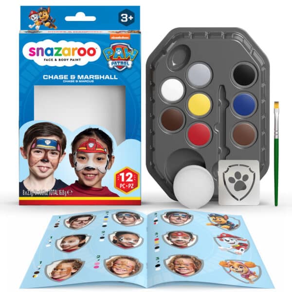 Snazaroo Paw Patrol Chase & Marshall ansigtsmaling sæt, inkl. farver, pensel og sminkevejledning.