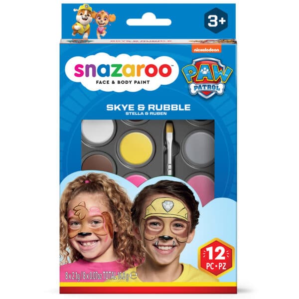 Snazaroo Paw Patrol Sky & Rubble ansigtsmaling sæt med billeder af børn ansigtsmalet som karaktererne.