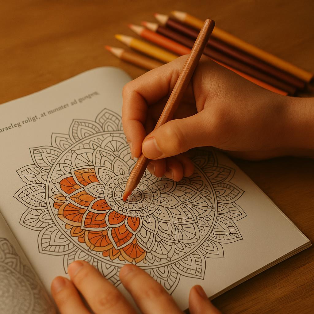 Person farvelægger mandala i bog med farveblyanter, fokus på orange og brun nuancer.