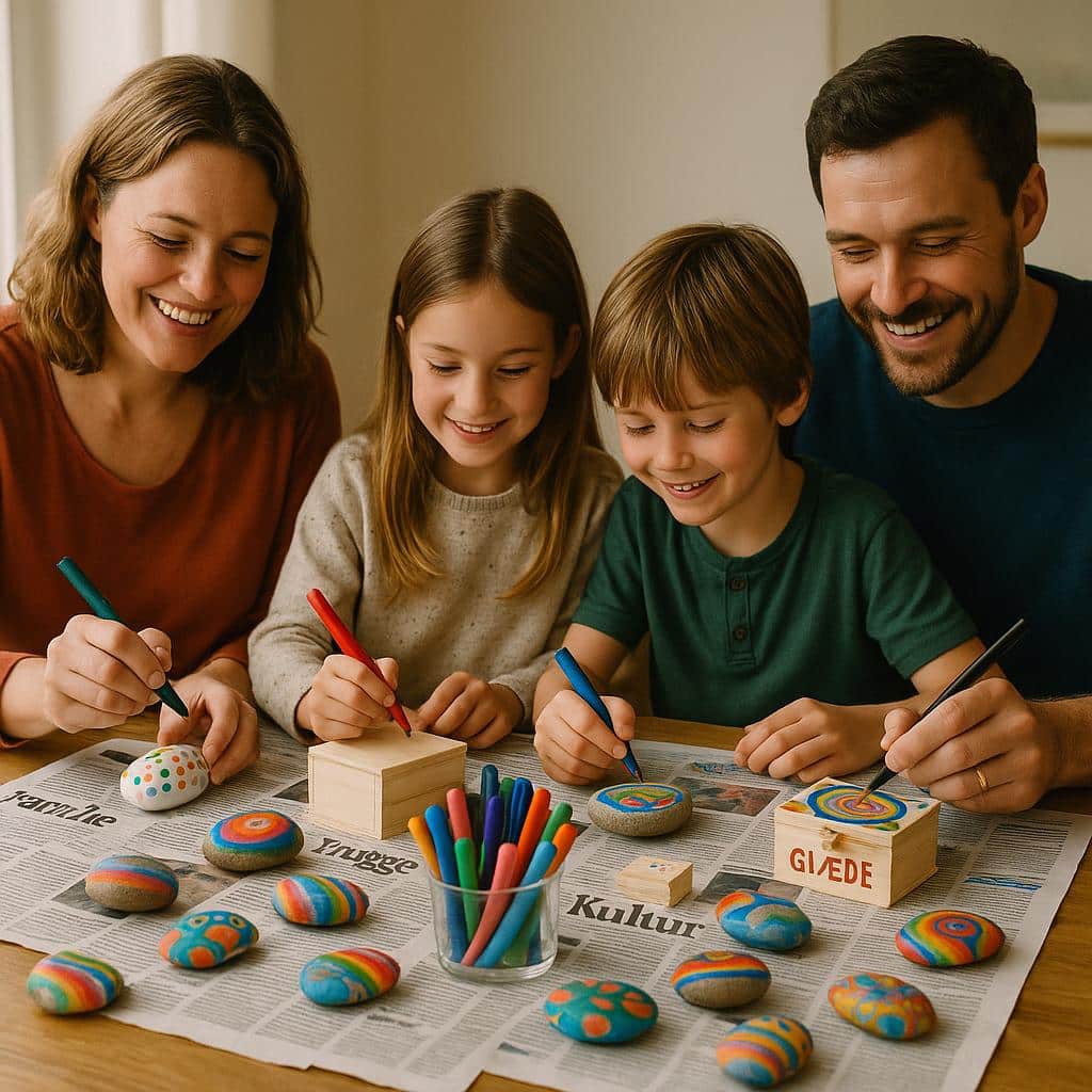 Familie maler farverige sten sammen i et hyggeprojekt ved et bord med avispapir.