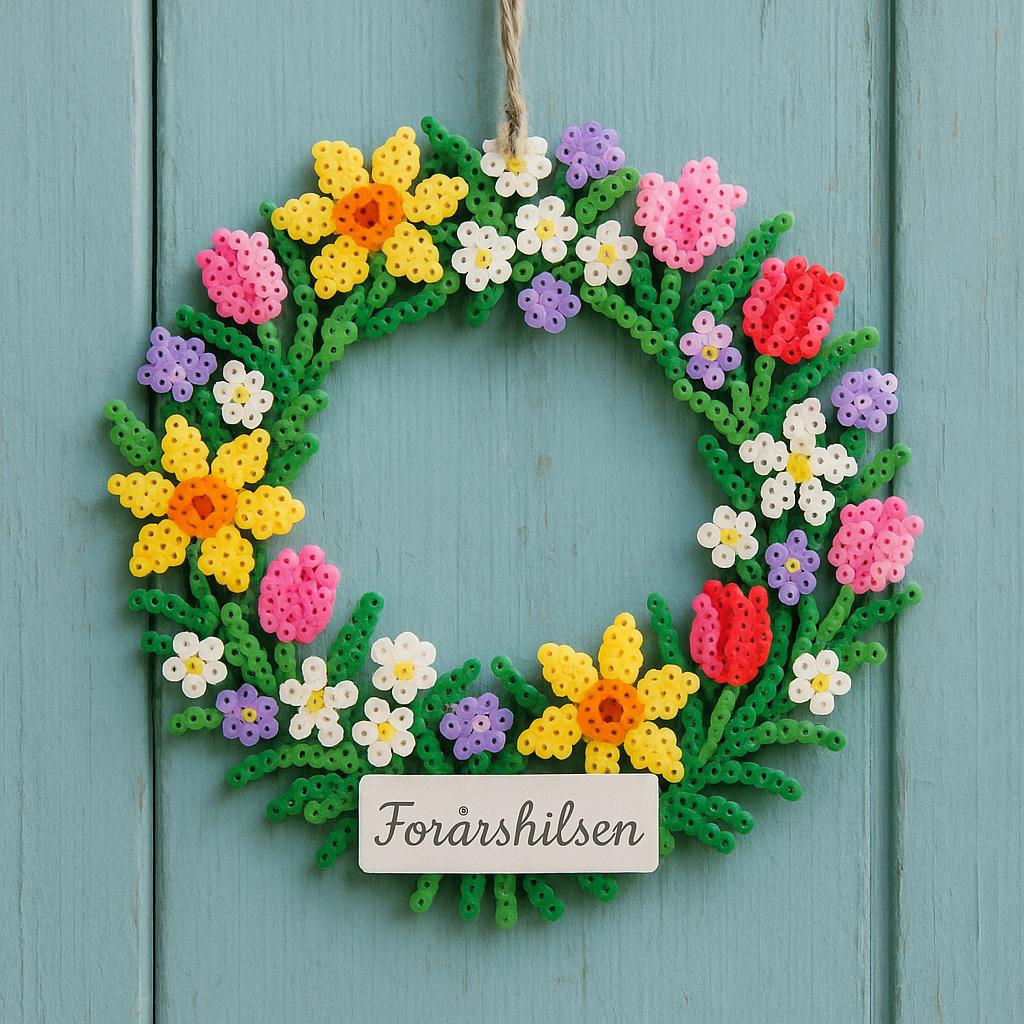 Farverig perlekrans med blomster på blå baggrund og skilt med 'Forårshilsen'.
