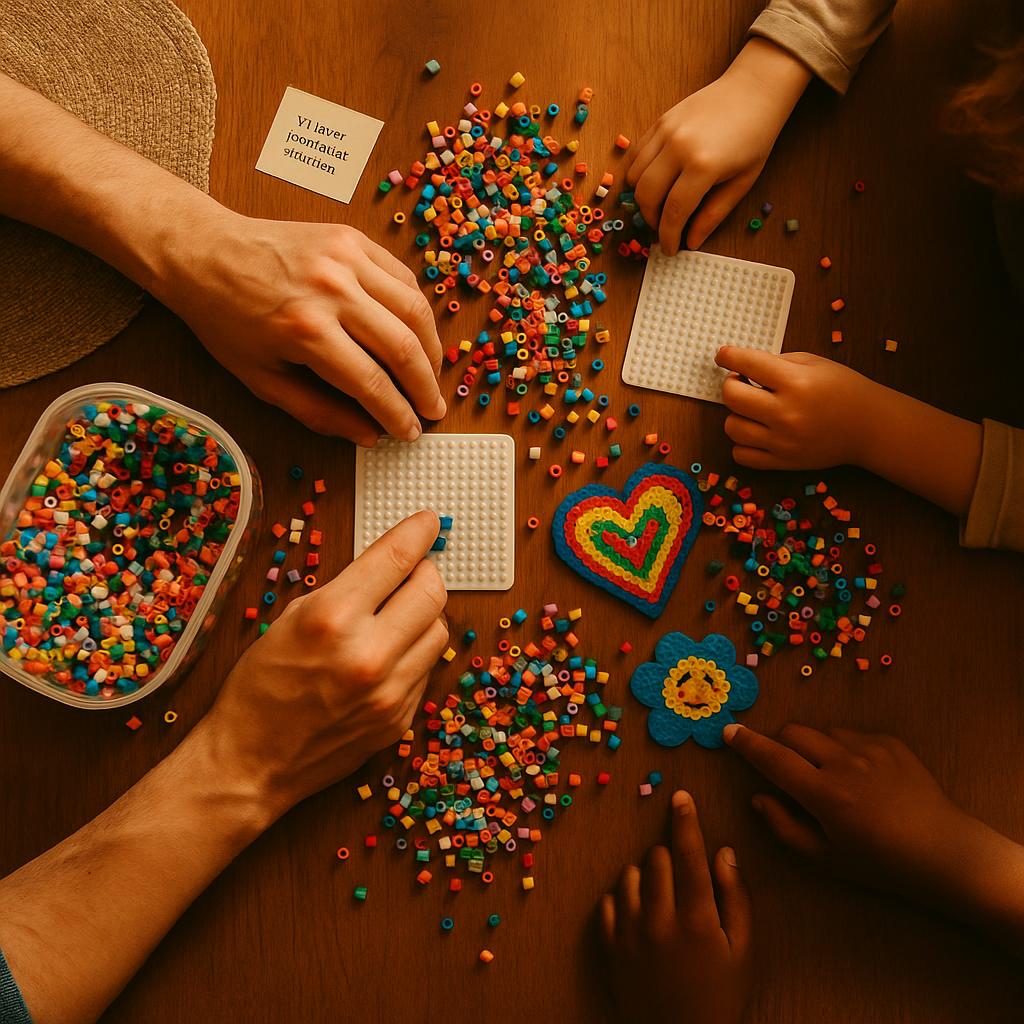 Hænder laver perlemønstre på bordet, omgivet af mange farverige perler og færdige designs. Fokus på kreativ aktivitet.