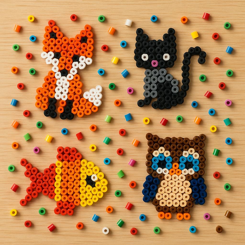 Perler figurer af ræv, kat, fisk og ugle på træbord med farverige perler omkring.