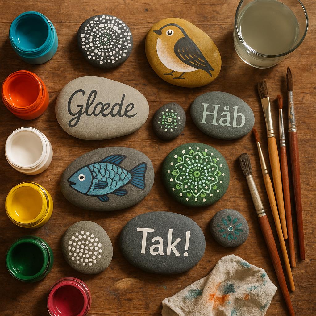 Farvede sten med ord som glæde, håb og tak samt motiver af en fisk og fugl, omringet af malerpensler og farver.