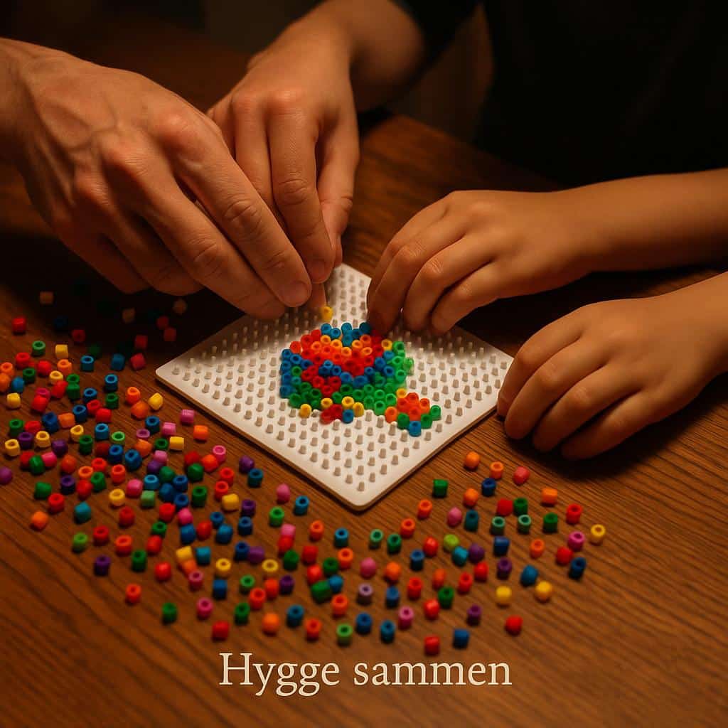 To hænder lægger perler sammen på en plade i et hyggeligt gøremål ved bordet. Teksten 'Hygge sammen' understreger aktiviteten.