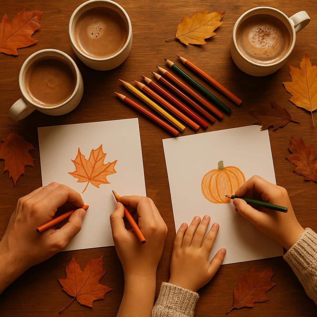 To personer tegner et efterårsblad og græskar ved et bord med farveblyanter og kaffekrus, omgivet af efterårsblade.