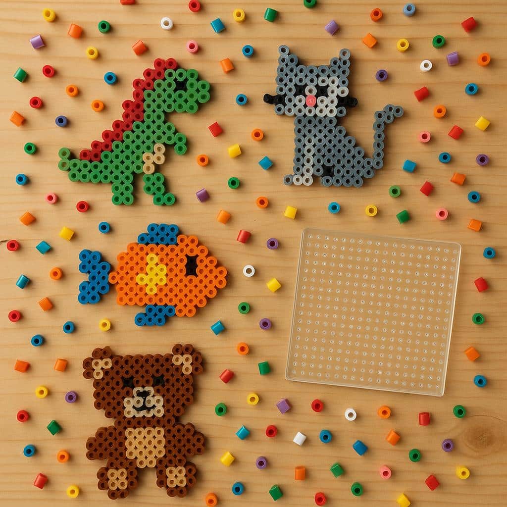 Perlepladefigurer af en dinosaur, kat, fisk og bjørn omgivet af farverige perler på et træbord.