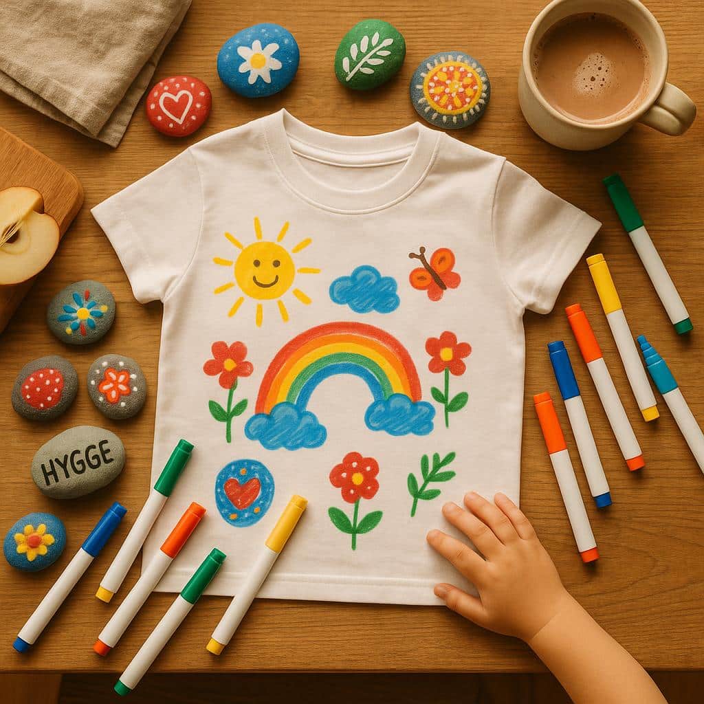 Barnetegnet t-shirt med sol, regnbue og blomster, omgivet af farverige sten og tuscher på bordplade.