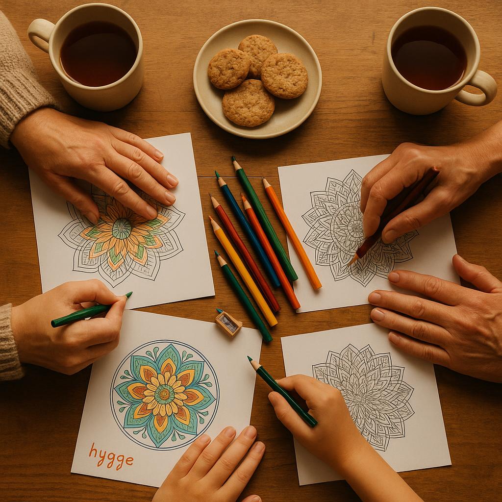 Familie sidder ved bordet med farveblyanter og tegner mandalaer, skaber hygge. Te og kiks på bordet.
