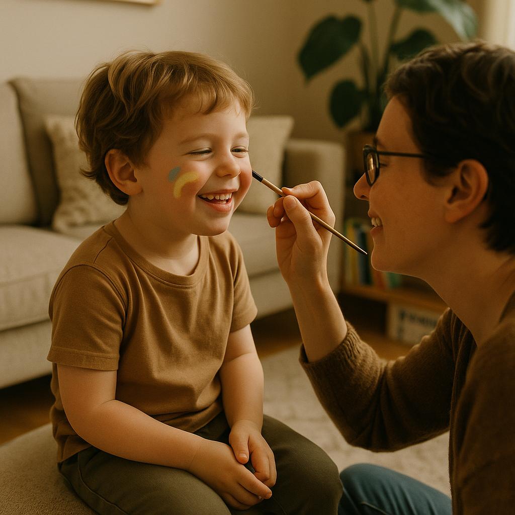 Barn smiler, mens ansigtet males med farver af en voksen sidder foran sofaen i stuen.