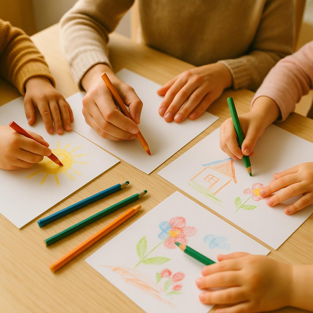 Børn og voksen tegner med farveblyanter på papir, herunder sol, hus og blomster på et bord.