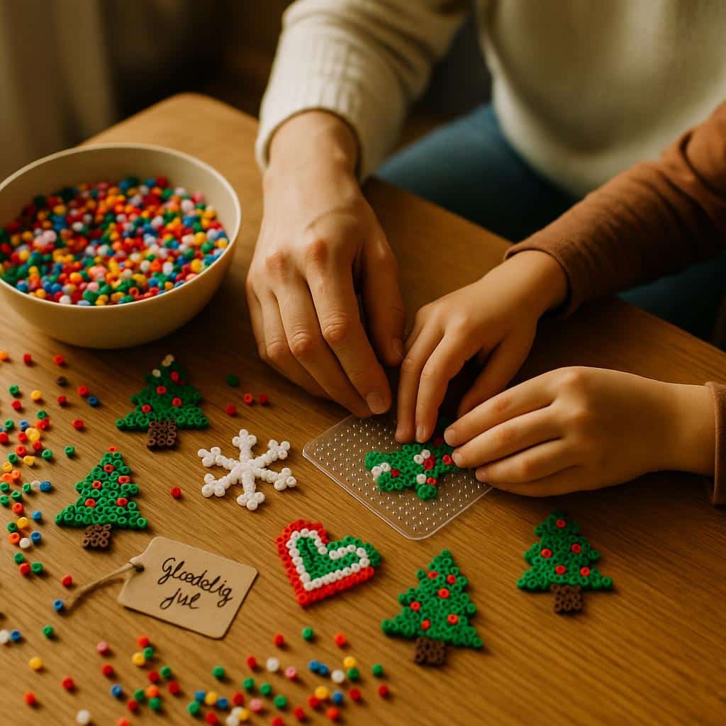 Hænder laver juletræsmotiver med perler, 'Glædelig jul' mærkeseddel synlig på bordet.