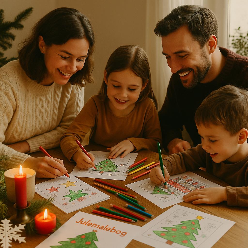 Familie hygger sig med at tegne juletræer sammen omkring et bord med farveblyanter og stearinlys.