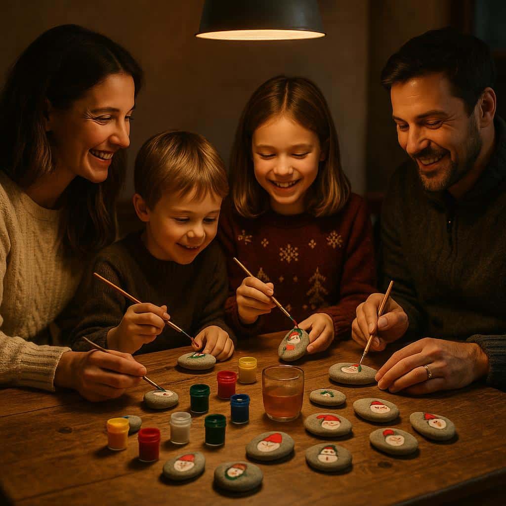 Familie hygger sig med at male julemænd på sten ved spisebordet om aftenen.